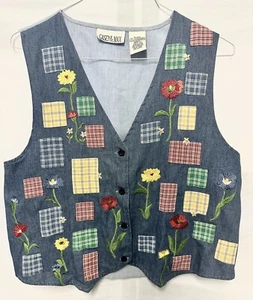 Casey & Max Vintage Vest Women’s Large Blue Denim Floral Embroidered Western - Picture 1 of 4