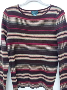 Lauren Ralph Lauren M/L 36" Linen-Cotton Rib Knit Sweater Brown Tan Red Stripes - Picture 1 of 8