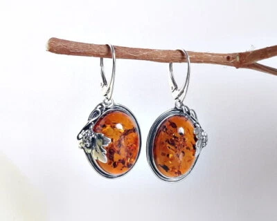 Bernstein Ohrhänger Silber 925 Ohrringe braun oval echt Sterlingsilber bj151 - Bild 1 von 3