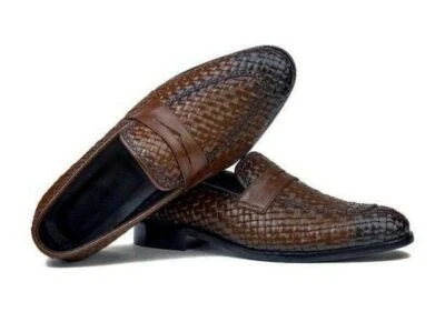Chaussures homme fait main cuir marron tissé chitai mat mocassin à enfiler bottes rondes - Photo 1/4