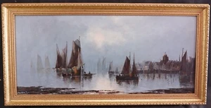 19thC SAILBOATS BY HARBOUR IN CALM WATERS J BALE 1834-1913 ANTIQUE OIL PAINTING - Picture 1 of 11