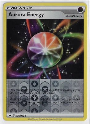 POKEMON SWSH - Base Set NM 2020 UNC REV-HOLO Special #186/202 AURORA ENERGY card - Image 1 of 2