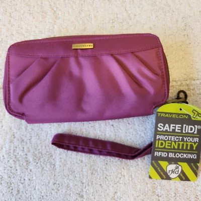 NUEVO CON ETIQUETAS TRAVELON PÚRPURA CREMALLERA ALREDEDOR CARTERA MUÑECA BLOQUE RFID CORREA DESMONTABLE Foto 1 de 4