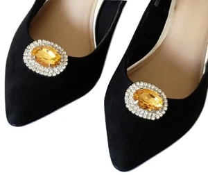Bridal Wedding Prom Oval Design Gold Rhinestone Silver Shoe Clips Accessories  - Picture 1 of 5