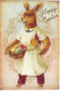 Postal de Pascua de colección RETRO antigua NUEVA REIMPRESIÓN huevos de conejo vestidos - Imagen 1 de 2