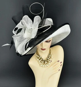 M22020(White Black)Kentucky Derby Church Wedding Wide Brim Sinamay Dress Hat - Picture 1 of 7