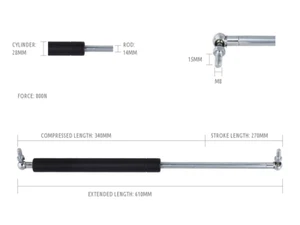1 X Pair Universal Gas Struts 800N 610mm Extended Length 14mm/28mm Rod/Cylinder - Picture 1 of 1