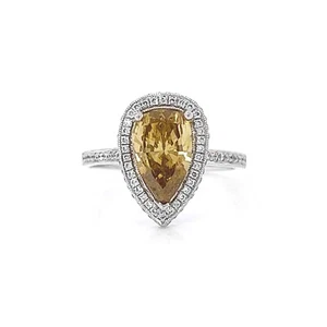 2.03 Ct T.W. Natural Mined Fancy Yellow Pear GIA Cert Diamond Halo Platinum Ring - Picture 1 of 4