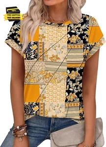 Womens Tops Summer Cap Sleeve Pleated Crewneck T Shirts Loose Fit Dressy Casual - Picture 1 of 5