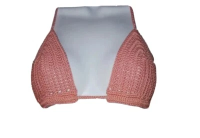 Hand Crochet Triangle Bikini Top rose pink 100% cotton s/m swimwear separates - Image 1 of 4