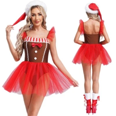 AU Womens Gingerbread Man Costume Christmas Xmas Mrs Santa Leotard Tutu Dress - image 1 of 3