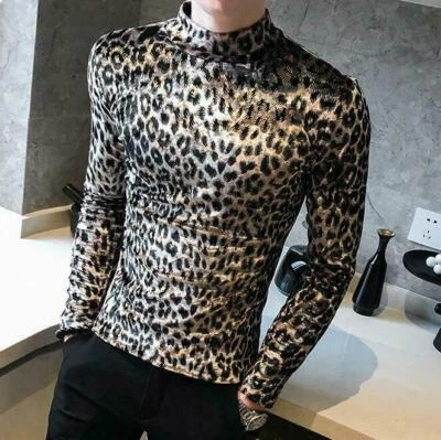 Fashion Leopard Mens Slim Fit Tops Velvet Dress Shirts Party Club Casual Shirts - Image 1 of 4