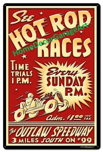 1950's Hot Rod Races Metal Sign, 3 Sizes, Vintage Style Garage Art - Picture 1 of 3