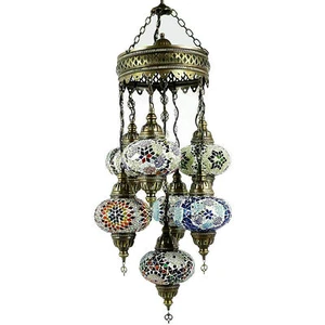Handmade Turkish Moroccan Mosaic Ceiling Pendant Lamp Chandelier 7 Large Globe - Picture 1 of 5