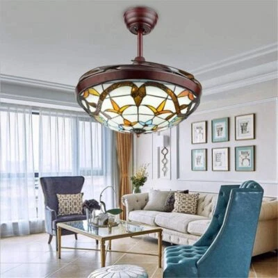 42" Tiffany Ceiling Fan Light, Remote Classic LED Chandelier Retractable Blades - Image 1 of 4