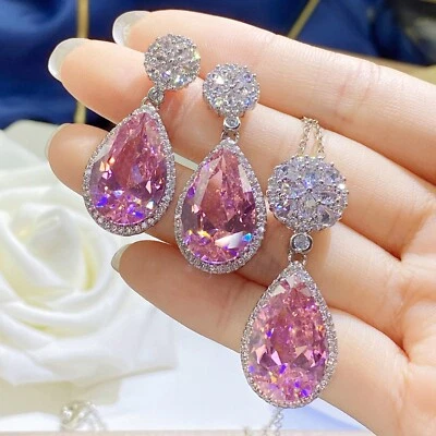 Juego de 2 piezas de gemas de topacio rosa gota de agua grande collar colgante para mujer Foto 1 de 4