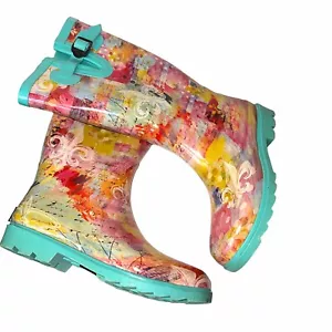 Bops Womens Size 7 Rubber Rain Boots Turquoise & Pink Lagnaippe - Picture 1 of 12