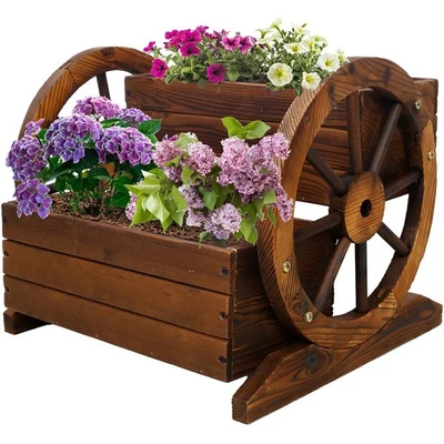Wooden Wagon Planter Box Decorative 2-Tier Raised Garden Bed for Flowers Herbs - Image 1 of 4