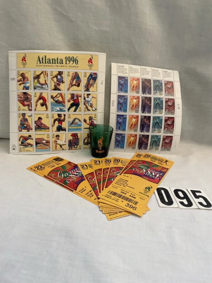 XXVI OLYMPIAD Adm Tickets x 8 + NEW Sheets stamp Olympic 1996+  Green Shot glass - Image 1 of 4
