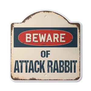 Beware Of Attack Rabbit  Plastic Novelty Sign Classic Rust Wall Plaque - Picture 1 of 6