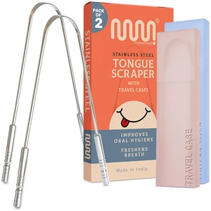 Tongue Scraper for Adults with Multicolor Travel Cases (2 Pack) - Stainless Stee - Picture 1 of 12