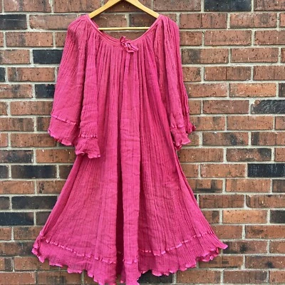 Vestido túnica vintage años 60 70 hippie gasa rosa ganchillo y cinta Foto 1 de 4