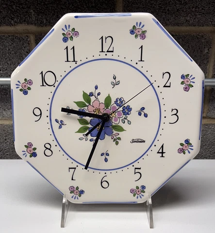 Vintage Porcelain Sunbeam Quartz Floral Octagon Kitchen Wall Clock Working Rare Cover