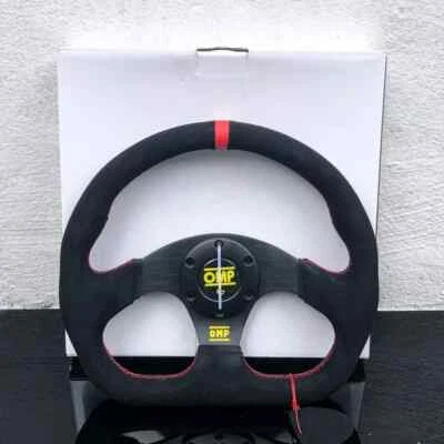Volante 320mm OM Cuero Gamuza Negro Forma D Carreras Costuras Rojas Foto 1 de 4