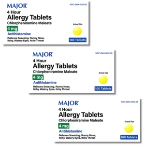 Major Allergy Tablets Chlorpheniramine 4mg - 100 Tablets (5-2027) - 3 Pack - Picture 1 of 8