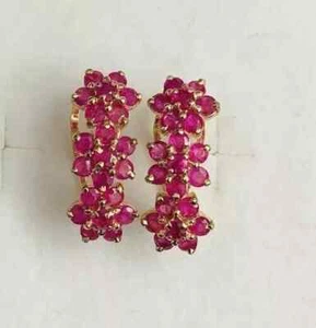 3Ct Round Simulated Ruby Cluster Flower Hoops Earrings 14k Yellow Gold Plated - Picture 1 of 8