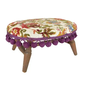 Needlepoint Footstool Vintage Purple Pom Poms Tassel Trim 15” X 11” Wood Base - Picture 1 of 12