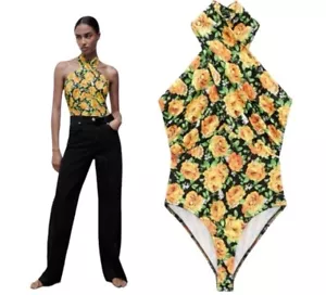 Zara Halter Top Bodysuit Size Small S Black Yellow Green Floral Twist Neck NWT - Picture 1 of 11