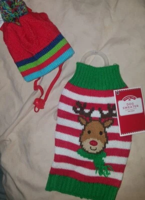 Suéter y sombrero tejido rojo vibrante Navidad vacaciones reno perro talla XXS 3-7 LBS Foto 1 de 4