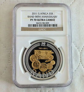 SOUTH AFRICA 2011 SILVER PROOF 5 RAND 90th ANNIV SLABBED NGC PF70 ULTRA CAMEO