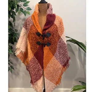 SONOMA Poncho a Cuadros Bufanda Cierre de Palanca Flecos Naranja Óxido Abrigo - Imagen 1 de 5