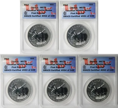 Lot 5 Coins 2012 Canadian Wildlife Moose Silver $5 MS 70 ANACS First Release - Image 1 of 4