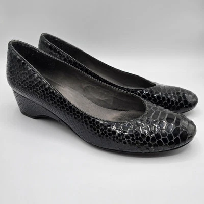 Stuart Weitzman black patent snake print low heel close toe wedges - Image 1 of 4