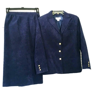 Vtg Suit Ultra Suede Brand Women Blazer Jacket Pencil Skirt Navy Sz 10 Button - Picture 1 of 10