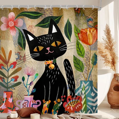Cortina de Ducha Retro Boho Gato Negro 72Wx72H Pulgadas Bohemia Floral De Colección Granja Foto 1 de 4