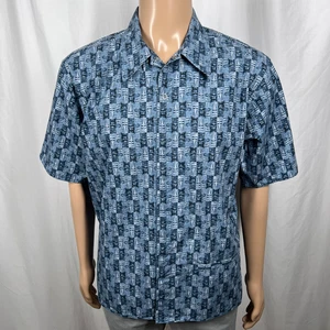 Vintage Y2K Ocean Pacific OP Men's Medium Blue Tribal Tiki Masks Button-Up Shirt - Picture 1 of 8