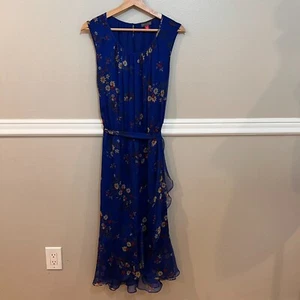Vince Camuto Sleeveless Tiered Chiffon Dress Women 14W Blue Floral Midi Ruffles - Picture 1 of 14
