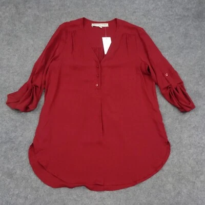 What Goes Around Top 女式 M 码红色丝绸卷袖衬衫亨利 — 第 1/4 张图片