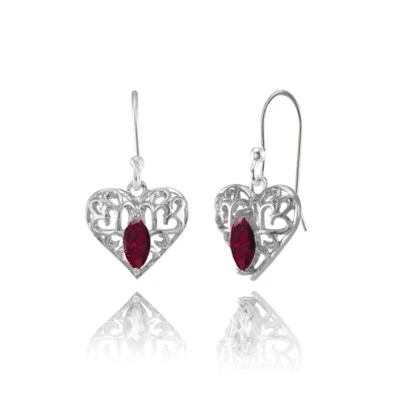 Marquise Heart Filigree 6x3mm Created Ruby Dangle Earrings in Sterling Silver - Image 1 of 4
