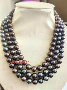 triple strands SOUTH SEA AAA+ 9-10MM BLack PEARL NECKLACE 14K Gold 18-19-20" - Picture 1 of 4