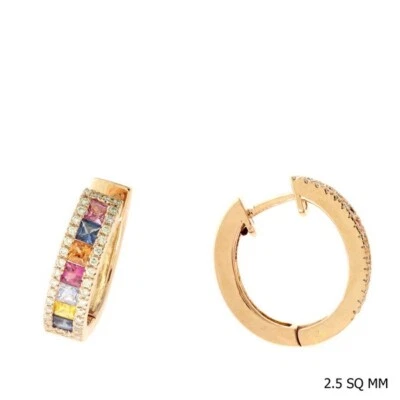 14K Rose Gold Natural Multi-Sapphire & Diamond Square 2.01ctw Hoop Earrings - Image 1 of 3