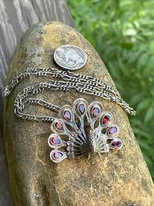 VNTG Peacock Purple AMETHYST Feathers 20” 925 Silver AND Figaro Chain Necklace A - Picture 1 of 12