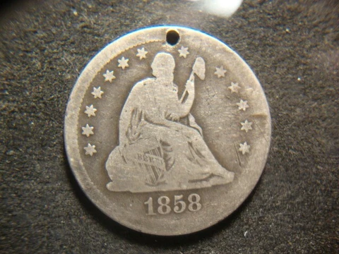 1858-S Full Date Seated Liberty Quarter Holed Nice Coin LAX Cover