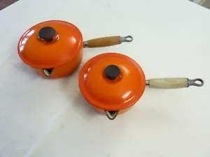 Set of 2  Le Creuset Cast Iron Sauce Pans with Lids Volcanic Orange Size 18 & 16 - Picture 1 of 11