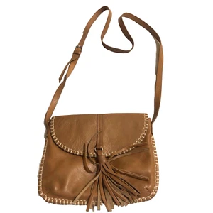CLARKs Leather Crossbody Bag Tan Tassel Adjustable Strap Whip Stitch Detail - Picture 1 of 16