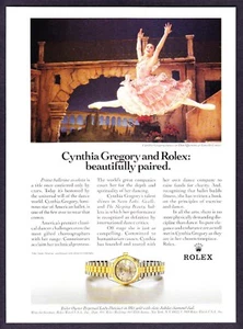 1990 Prima Ballerina Absoluta Cynthia Gregory foto reloj Rolex de colección anuncio impreso - Imagen 1 de 1